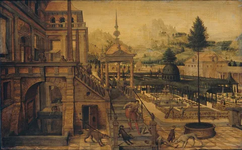 Hans Vredeman de Vries, Palace Gardens with Poor Lazarus in the foreground