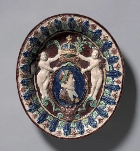 Bernard Palissy, Oval Dish Commemorating the Ascent of the Young Louis XIII to the Throne of France