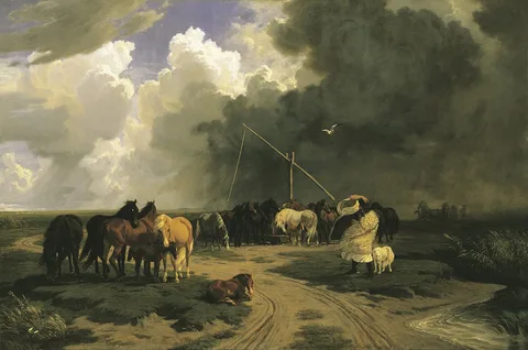 Károly Lotz, Horses in a Rainstorm