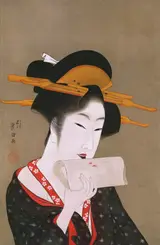 Utagawa Toyokuni I, Beauty Blotting Her Lip Rouge