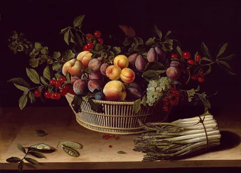 Louise Moillon, Still Life with a Basket of Fruit and a Bunch of Asparagus