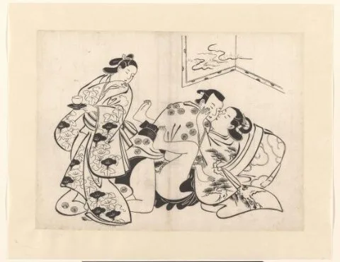 Torii Kiyonobu, Vrijend paar met omkijkend meisje