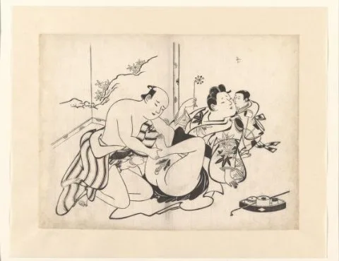 Torii Kiyonobu, Erotische voorstelling met rookgerei en kamerscherm