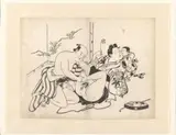 Torii Kiyonobu, Erotische voorstelling met rookgerei en kamerscherm