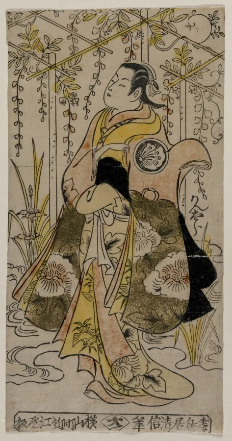 Torii Kiyonobu, Sanjo Kantaro as a Young Woman Standing in a Wisteria Arbor