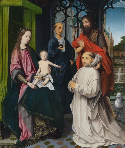 Jan Provoost, Virgin and Child Enthroned, with Saints Jerome and John the Baptist and a Carthusian Monk
