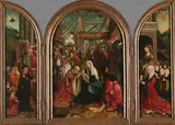 Jacob Cornelisz van Oostsanen, Triptych with the Adoration of the Magi (centre panel), the Donor and his Six Sons with St Jerome (inner left wing), the Donor’s Wife and her Seven Daughters with St Catherine of Alexandria (inner right wing), St Christopher (outer left wing) and St Antony Abbot (outer right wing)