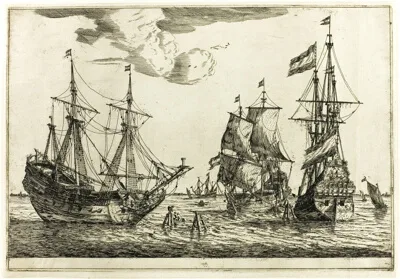 Reinier Nooms, Three Moored Sailing Vessels, from Thirteen Naval Scenes