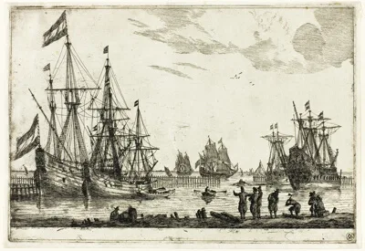 Reinier Nooms, Four Sailing Vessels in a Breakwater, from Thirteen Naval Scenes