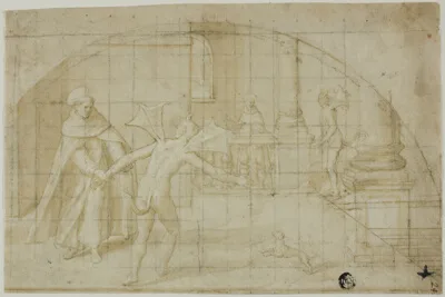 Bernardino Poccetti, Design for a Lunette: Devils and Saint in a Monastery