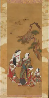 Okumura Masanobu, Yukihira and Two Brinemaidens at Suma