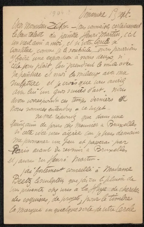 Alexandre Charpentier, Brief aan Philip Zilcken