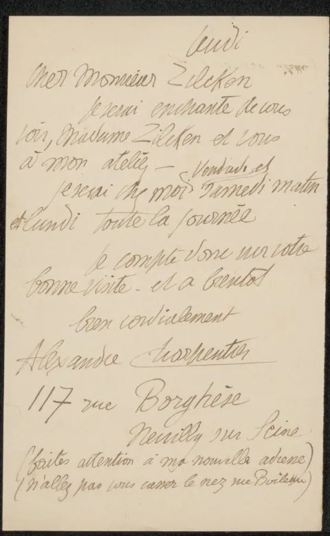 Alexandre Charpentier, Brief aan Philip Zilcken