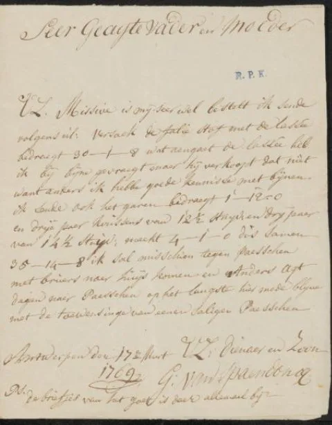 Gerard van Spaendonck, Brief aan de vader en moeder van Gerard van Spaendonck