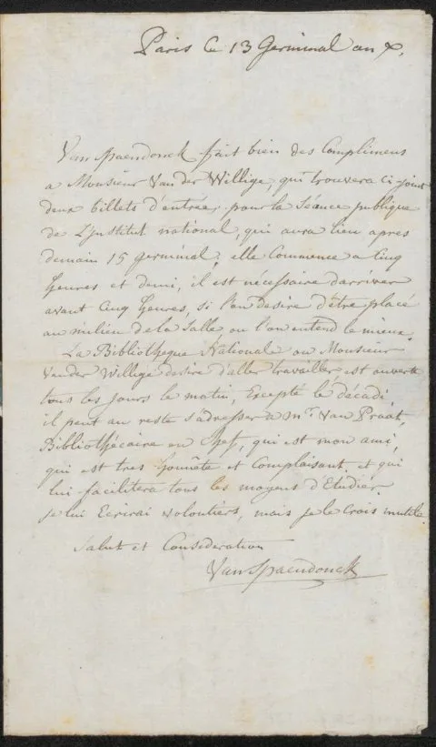 Gerard van Spaendonck, Brief aan Adriaan van der Willigen