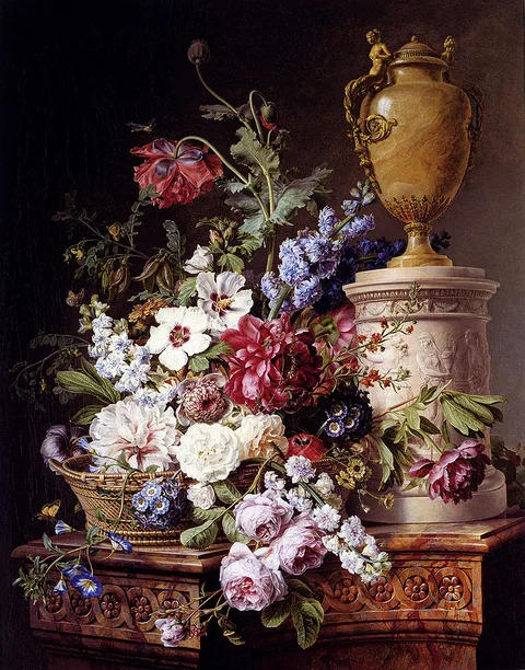 Gerard van Spaendonck, Still life of flowers in a basket on a marble pedestal