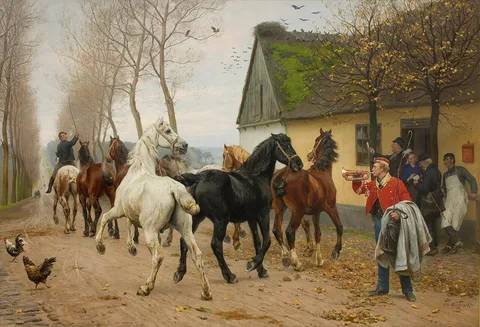 Otto Bache, A String of Horses Outside an Inn