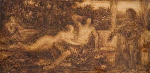 Henry Wallis, Study of Nude and Draped Figures - A Rough Sketch In Brown Paint Of Two Reclining Figures. Centre, A Nude Female Lying With Arms Around The Waist Of A ...