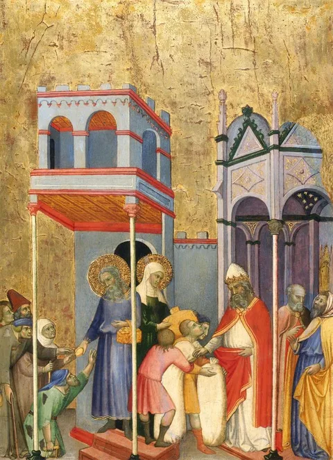 Andrea di Bartolo, Joachim and Anna Giving Food to the Poor and Offerings to the Temple