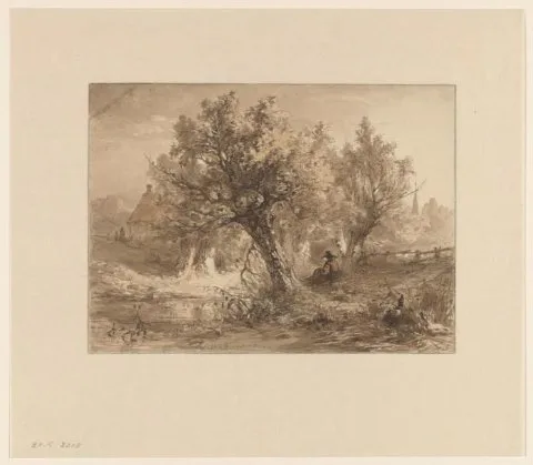 Maria Vos, Landschap met hengelaar onder wilgen
