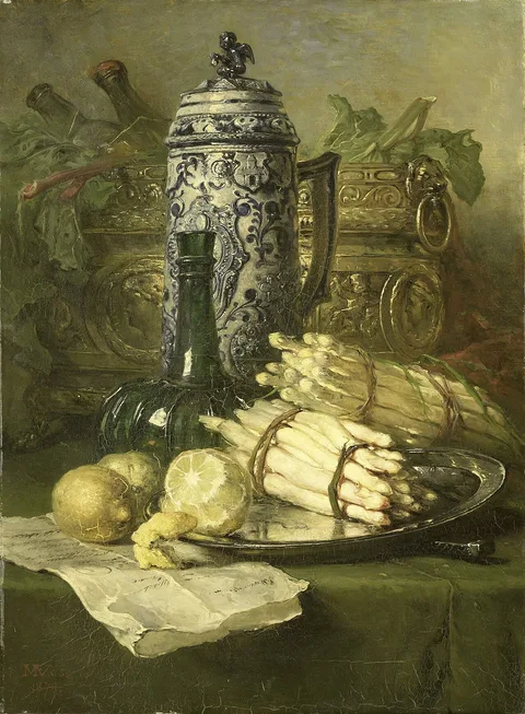 Maria Vos, Still-life with Asparagus, Lemon, Covered Beaker, and Wine Cooler