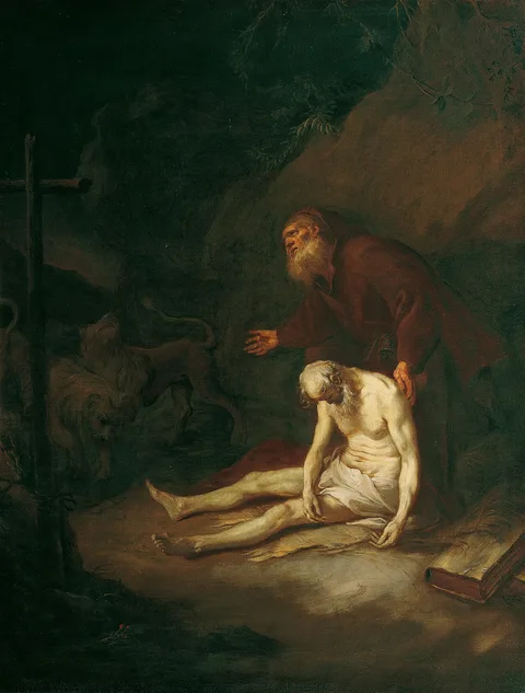 Martin Johann Schmidt, St. Antony Abbot buries St. Paul the Hermit with the help of two lions that scratch a hole in the ground