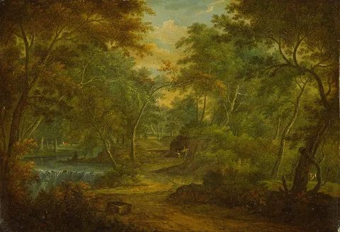 Thomas Smith, A Wooded Landscape with a Stream and a Fisherman