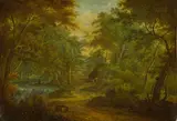 Thomas Smith, A Wooded Landscape with a Stream and a Fisherman