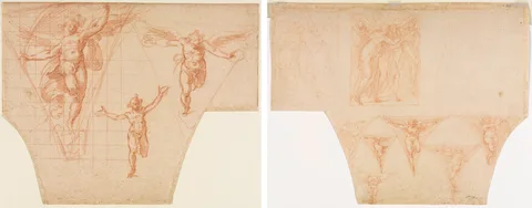 Cristoforo Roncalli, Three Studies of  Angels for a Pendentive (recto); Studies for Christ Meeting His Mother on the Road to Calvary, Studies of an Angel in a Pendentive (verso)