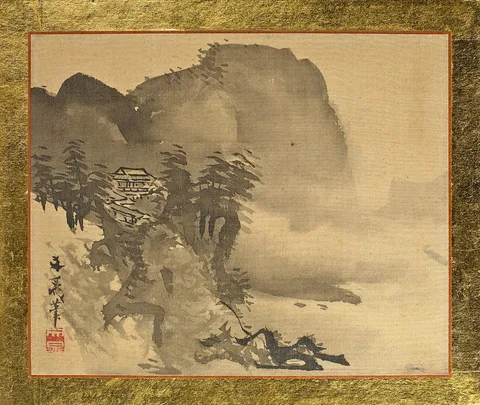Tani Bunchō, A House on a Cliff with Mountains in the Background