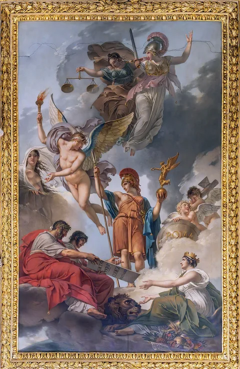 Charles Meynier, The Earth receiving from the emperors Hadrian and Justinian the codex of Roman law dictated by Nature, Justice and Wisdom.