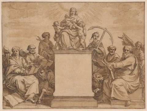 Pieter de Jode I, The Three Theological Virtures: Faith, Hope, and Charity, Surrounded by the Four Evangelists