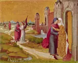 Master of the Life of the Virgin, The Life of Mary: Joachim meets Anna at the Golden Gate; in the background the Annunciation of the birth of Mary to Joachim by an angel (verso: upper half of the Crucifixion of Christ)