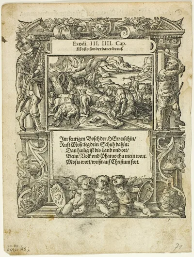 Tobias Stimmer, Moses and the Burning Bush (recto) and The Infant Moses Put into the River (verso) from Neue künstliche Figuren biblischer Historien, plate 55 from Woodcuts from Books of the XVI Century