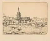 Dick Ket, Gezicht op de kerk te midden van lage huizen in Scheveningen