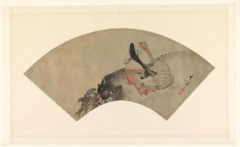 Suzuki Kiitsu, Waaierblad met een dichteres op een berg