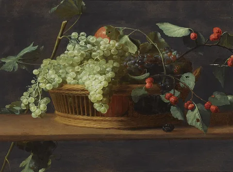 Jacob van Es, Still life of grapes and blackberries in a basket