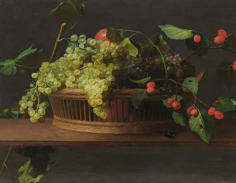Jacob van Es, A basket of grapes and raspberries on a ledge