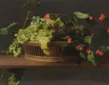 Jacob van Es, A basket of grapes and raspberries on a ledge