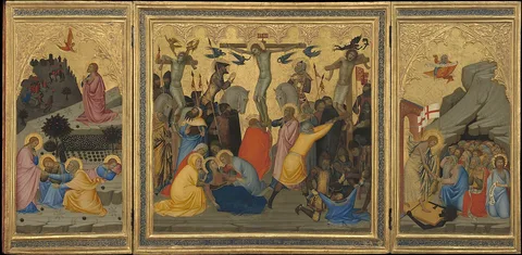 Andrea Vanni, Scenes from the Passion of Christ: The Agony in the Garden, the Crucifixion, and the Descent into Limbo [entire triptych]