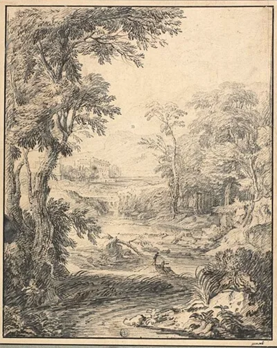 Abraham Genoels, River Landscape with Two Figures in Foreground, Castle in Distance