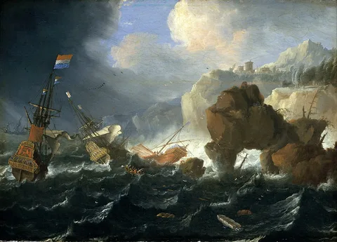 Jan Peeters the Elder, Ships and a Galley Wrecked on a Rocky Coast