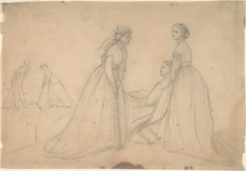 Louisa Starr, Three Women in Conversation beside a Croquet Field (recto); Studies of a Ballet Dancer, a Woman's Profile, and a Seated Woman (verso)