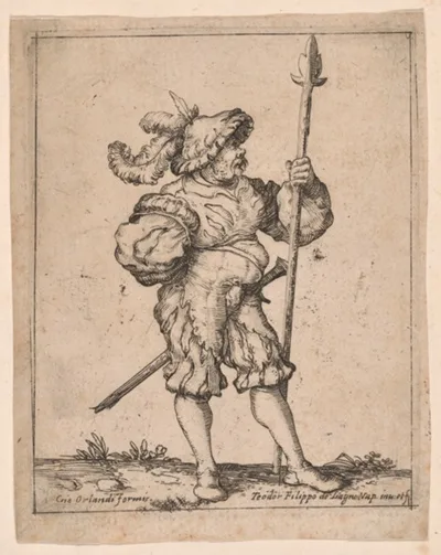 Filippo Napoletano, Soldier in Profile Holding a Pike, from Capricci e habiti militari