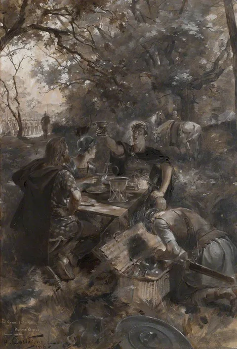 André Castaigne, Warriors resting beneath a Tree ('Remember that you have sat with the Emperor of Britain and Gaul'; Puck of Pook's Hill)