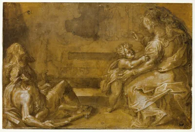 Girolamo Macchietti, Two Reclining Beggars, and Seated Mother and Child, at Foot of Steps