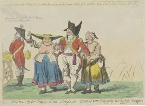 Isaac Cruikshank, Preparing for action or an English Man of War Engaging two Dutch Doggers