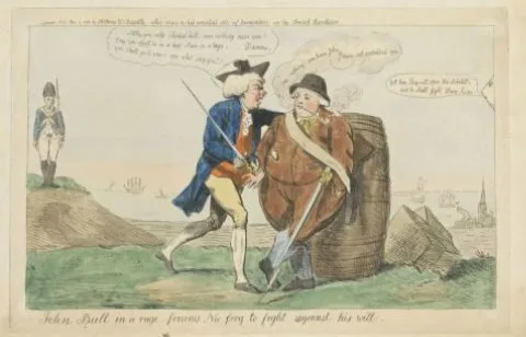 Isaac Cruikshank, John Bull in a rage forcing Nic Frog to fight against his will
