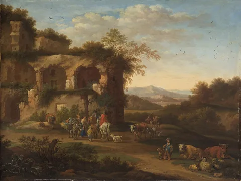 Adriaen Frans Boudewyns, Italian landscape with antique ruins and herders