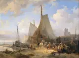 Wijnand Nuijen, Fishing Boats on the Beach with Fishermen and Women Sorting the Catch